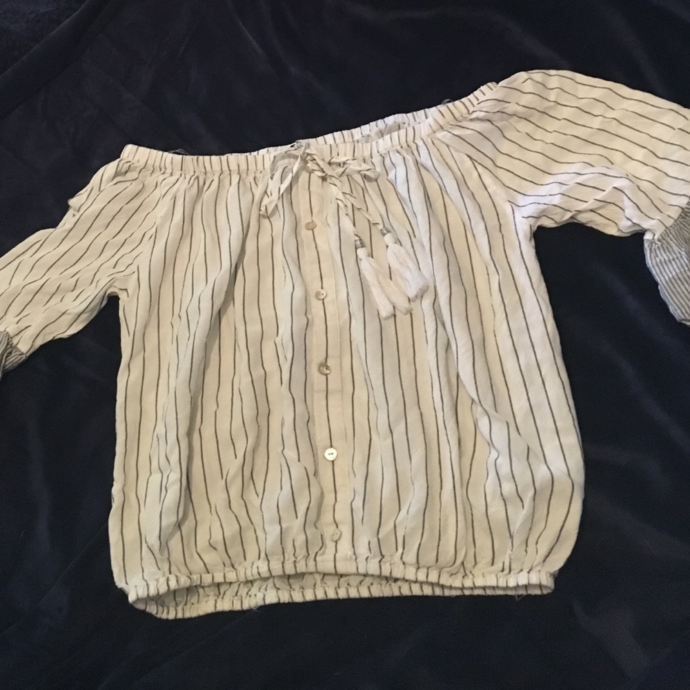 IRIS White/Grey stripped off-shoulder top